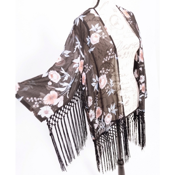 Torrid Black Floral Fringe Boho Duster Kimono - Picture 2 of 8